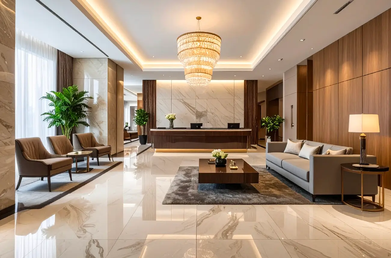 modern hotel lobby with a reception in the background