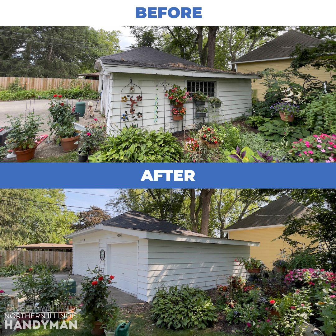 Garage siding repair on a Northern Illinois home