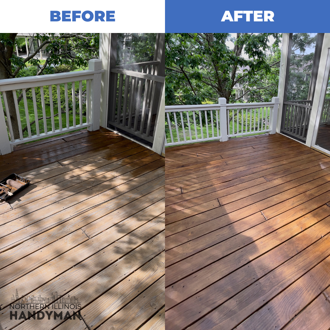Freshly sanded and stained wood deck by Northern Illinois Handyman