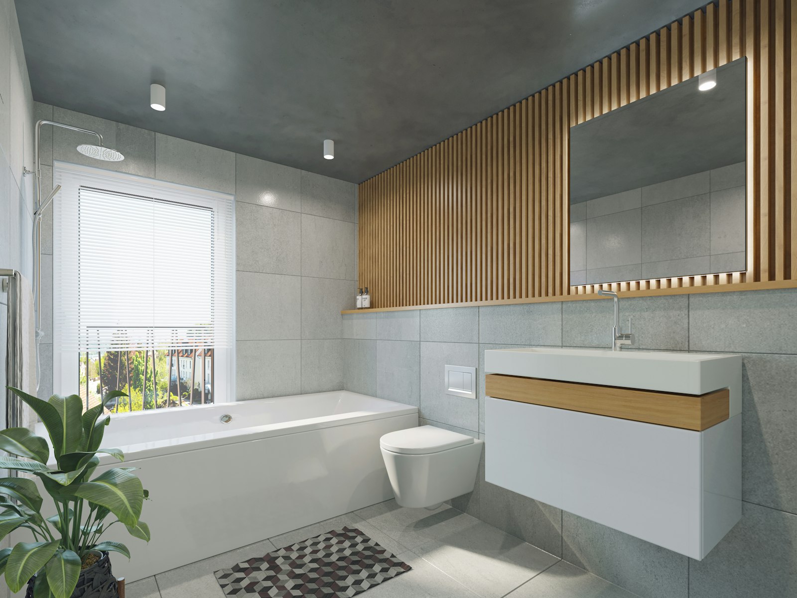 Renovated modern bathroom with new vanity and tile
