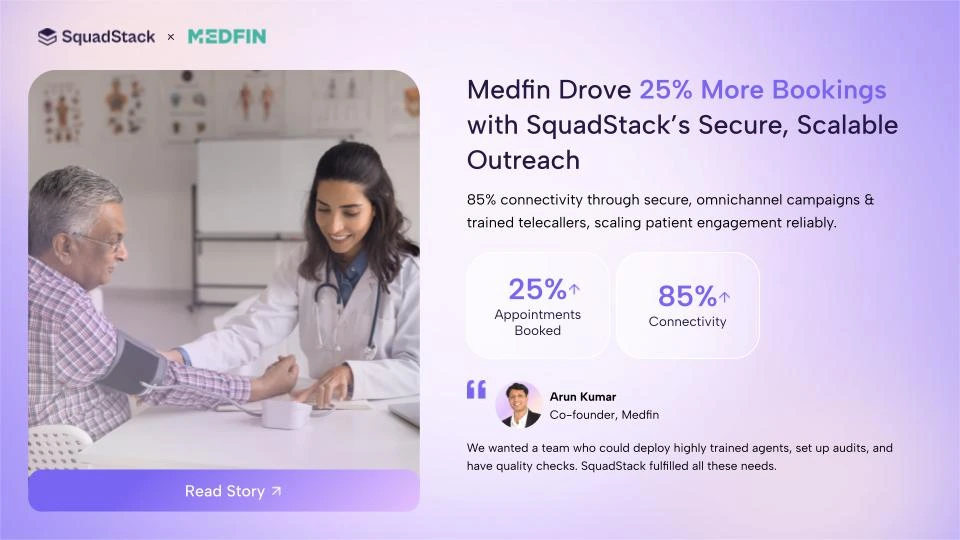 Medfin used SquadStack’s AI calling infrastructure to drive 85% connectivity and 25% more appointment bookings.
