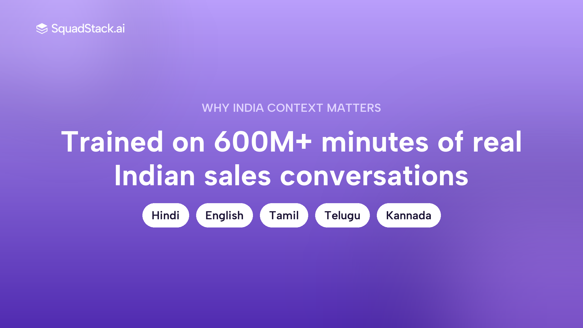 Callout showing SquadStack voice AI trained on 600 million plus minutes of Indian sales conversations with five live languages