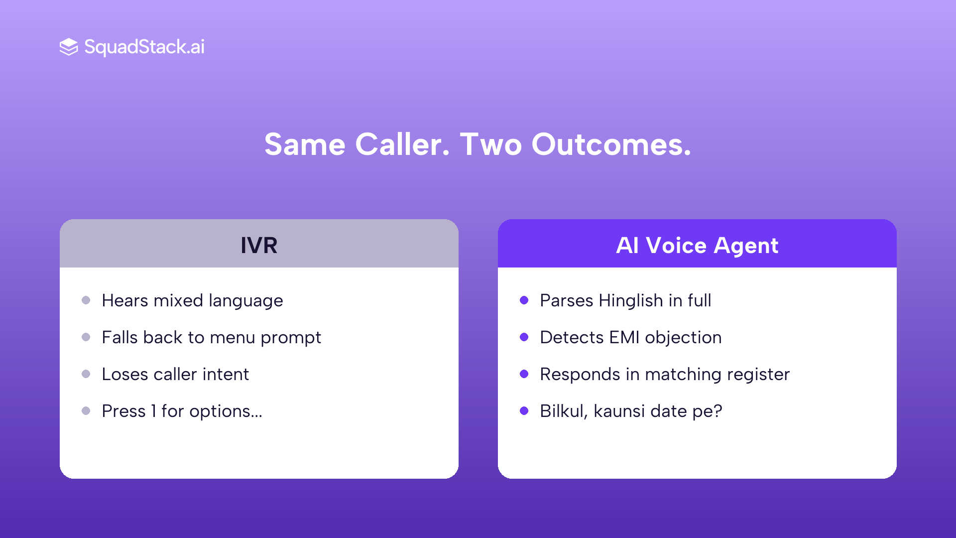 IVR vs AI voice agent handling a Hinglish mid-sentence objection on a collections call