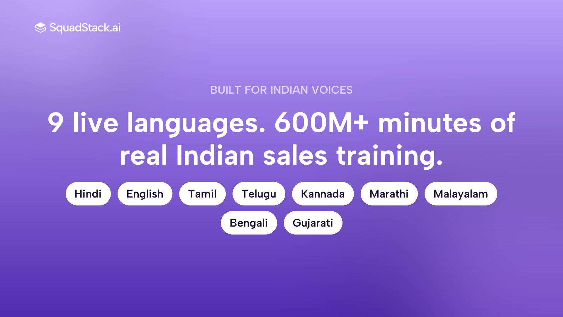 Callout showing SquadStack AI supports 9 live Indian languages trained on 600M plus minutes of real sales conversations