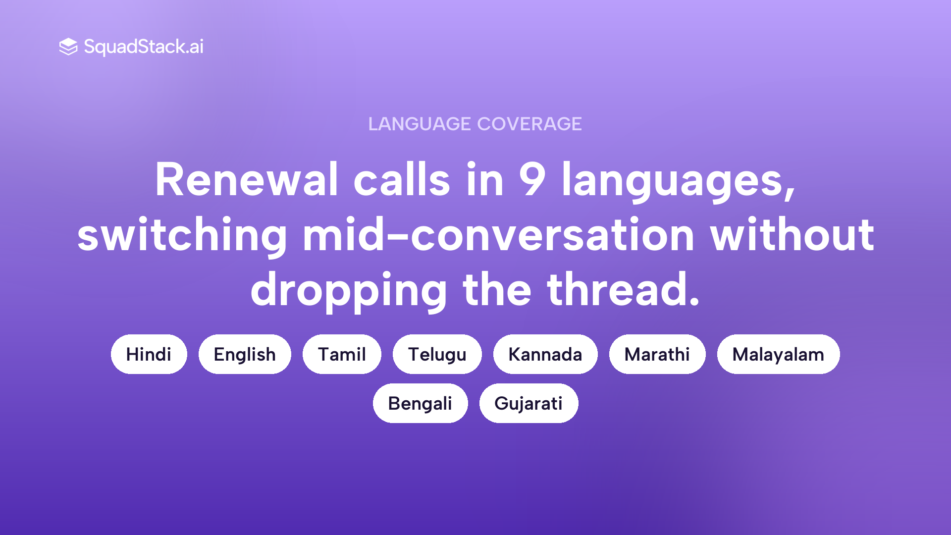 Callout showing SquadStack AI voice agent language support for insurance renewals across India