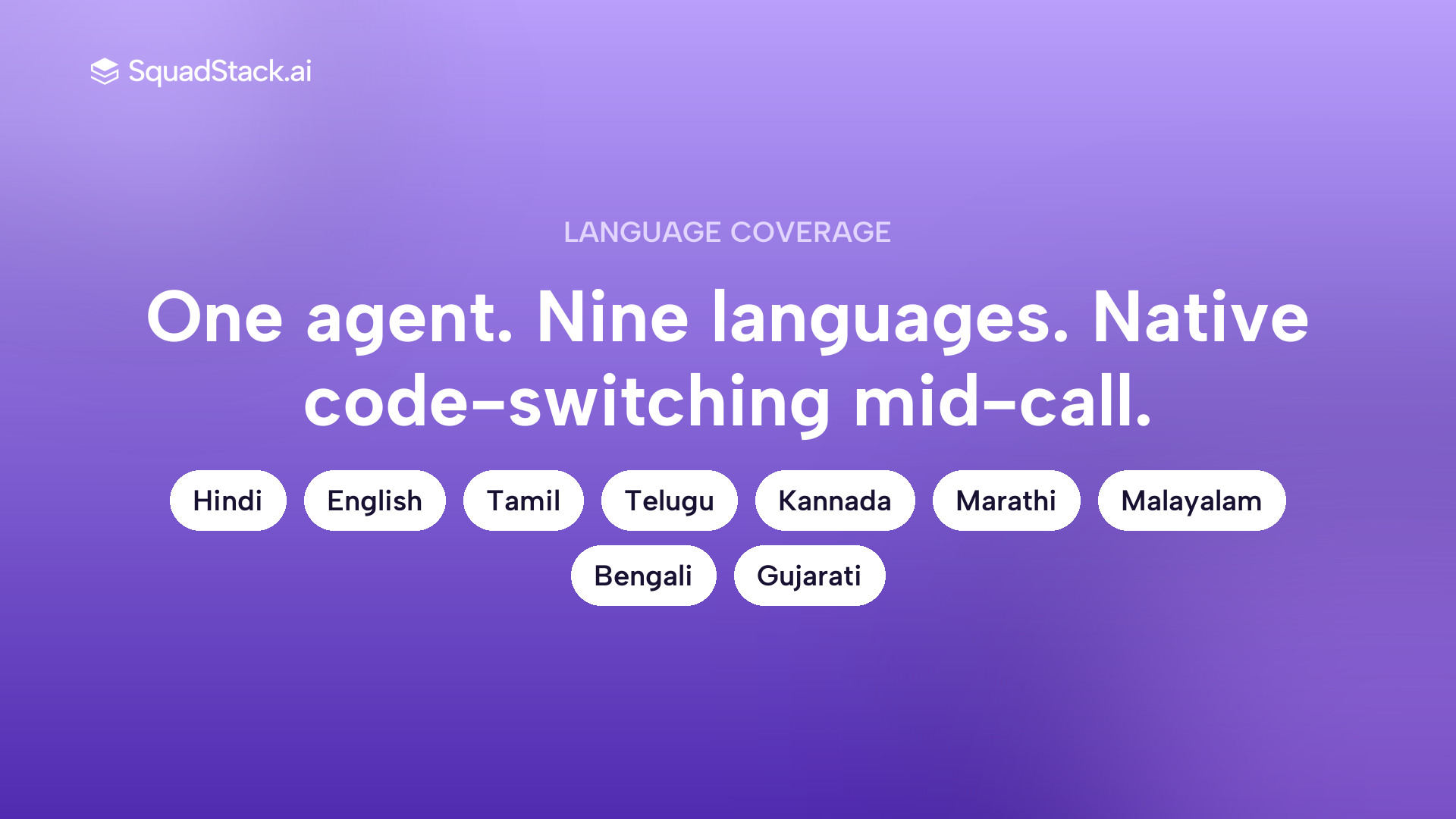 Callout showing SquadStack AI voice agent language support across nine Indian languages with native code-switching