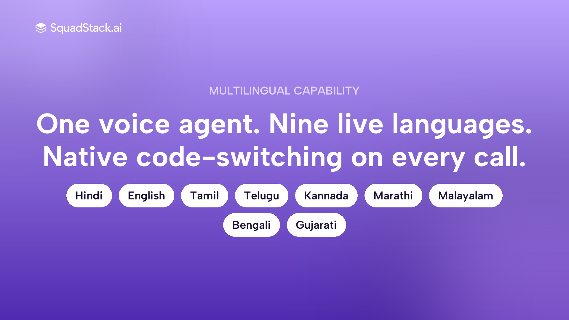 SquadStack voice AI supports 9 Indian languages with native code-switching for logistics and quick commerce calls