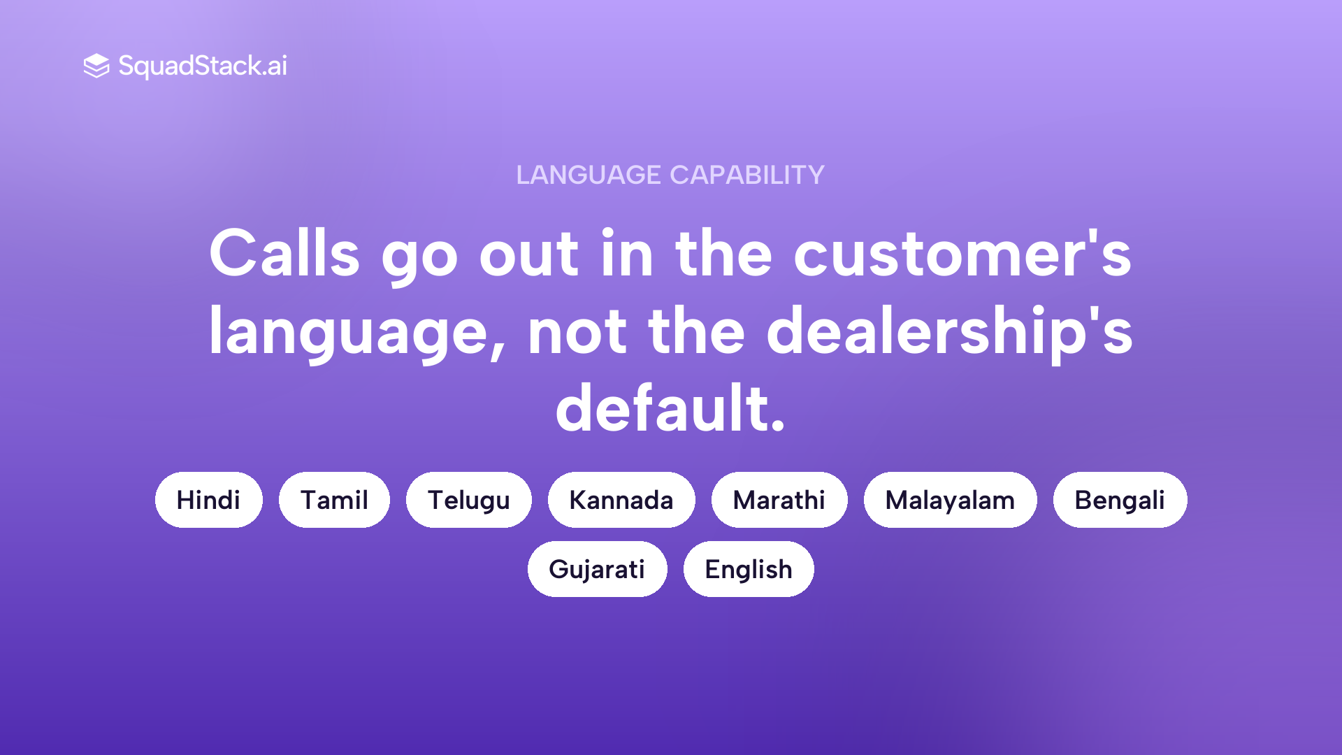 Callout card listing nine Indian languages supported by SquadStack AI voice agents for automotive reminder calls