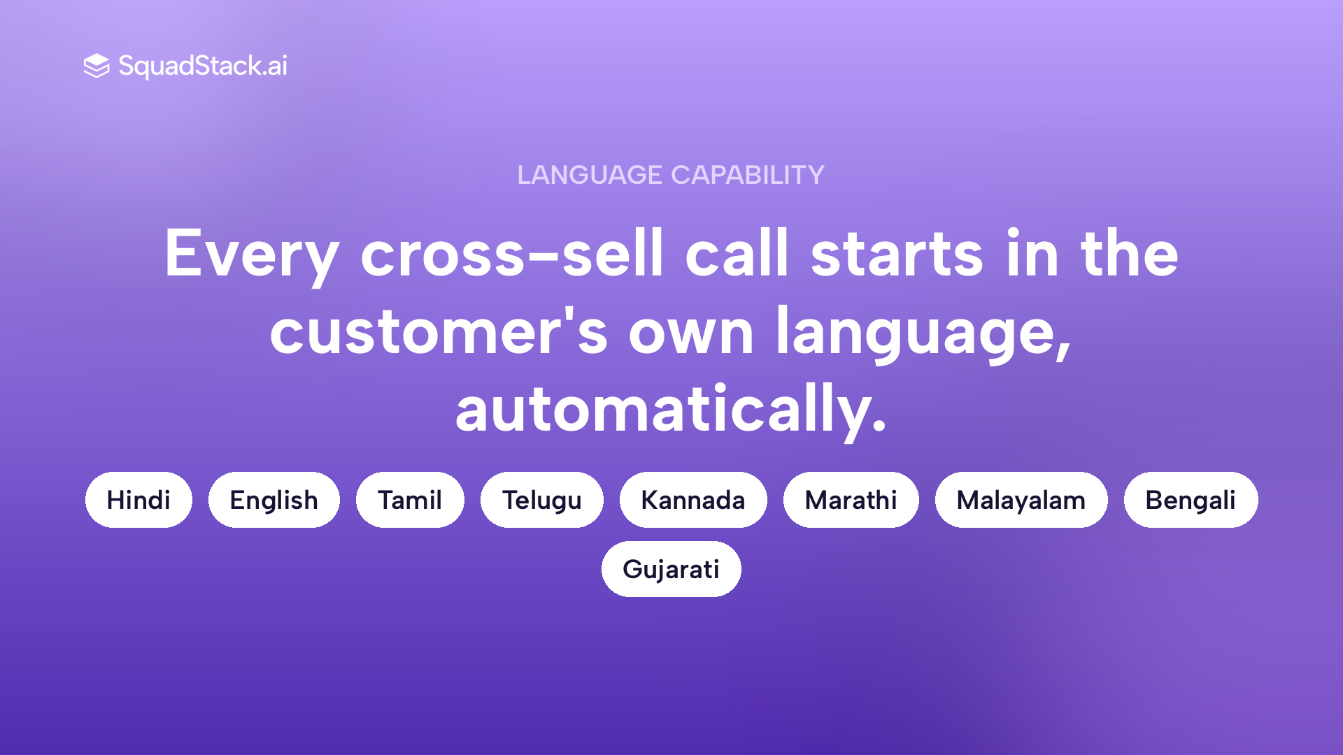 SquadStack AI voice agent language coverage for Indian insurance cross-sell with nine live languages