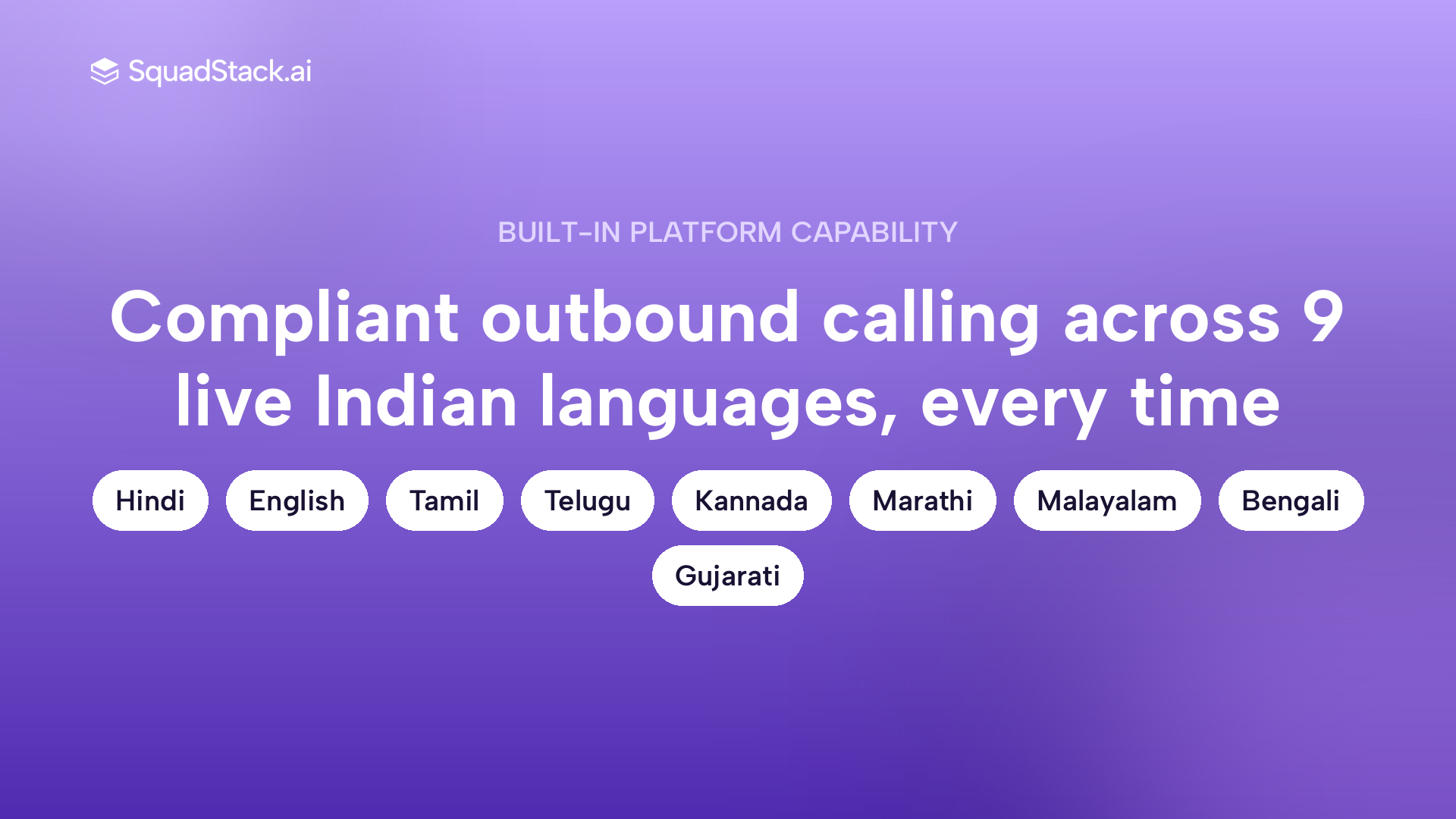Callout showing SquadStack AI voice agent compliance capabilities including languages and platform certifications