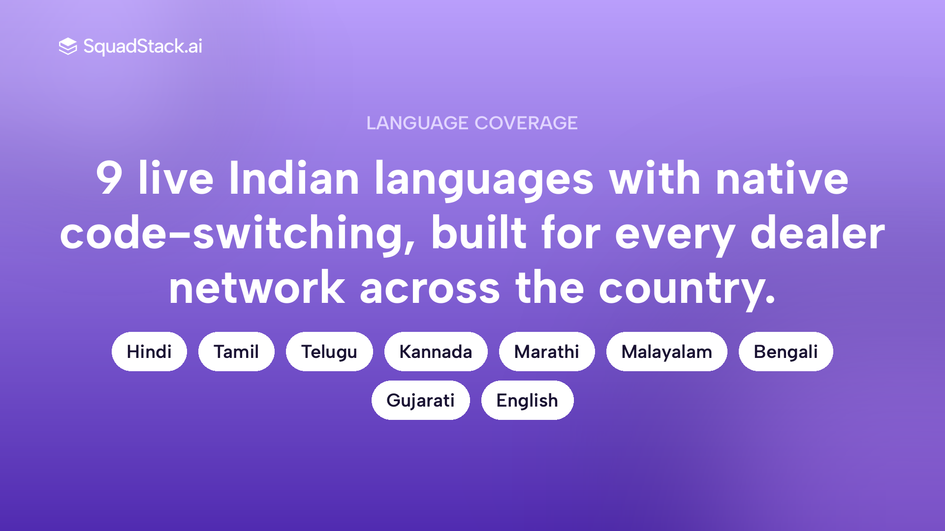 Callout showing 9 live Indian languages supported by SquadStack AI voice agent for insurance renewal calling