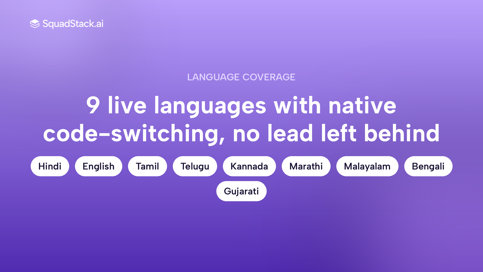 Callout showing SquadStack supports 9 live Indian languages with native code-switching for sales conversations
