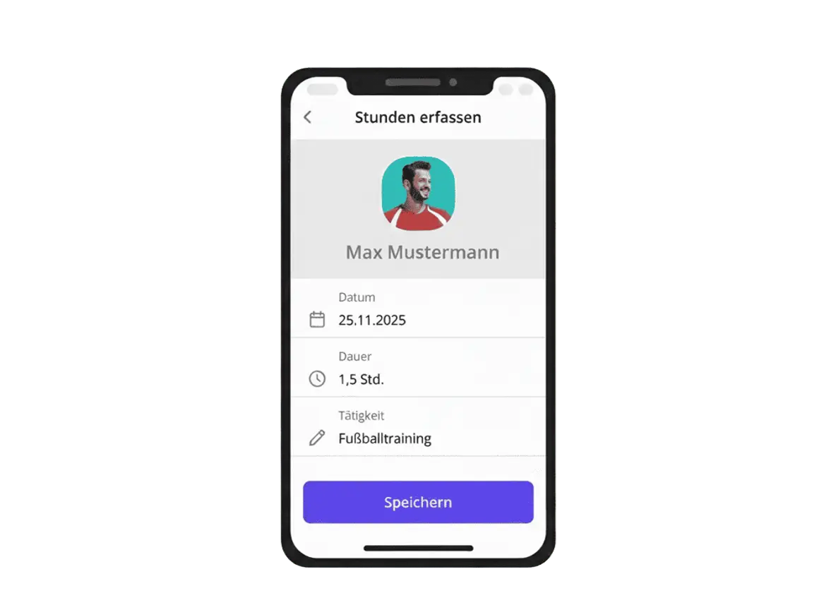 Mobile app screen showing time entry for Max Mustermann with date 25.11.2025, duration 1.5 hours, and activity football training, with a save button.