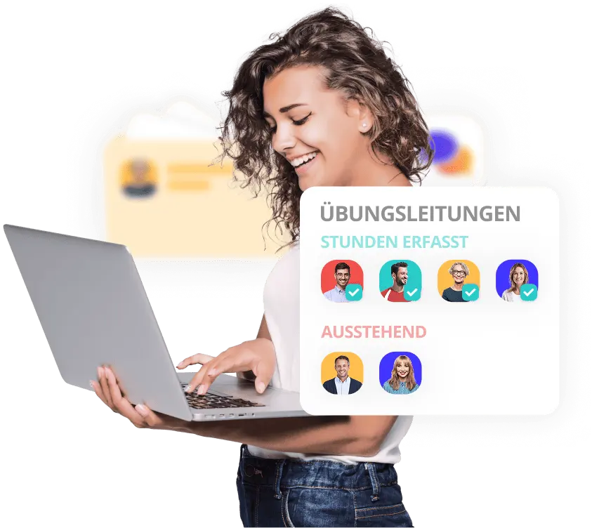 Smiling woman with curly hair using a laptop, next to a graphic showing Übungsleitungen with recorded and outstanding hours.