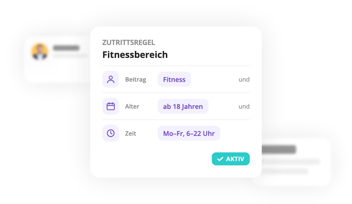 Zutrittsregel Fitnessbereich in KURABU mit den Bedingungen Beitrag Fitness, ab 18 Jahren und Montag bis Freitag 6 bis 22 Uhr