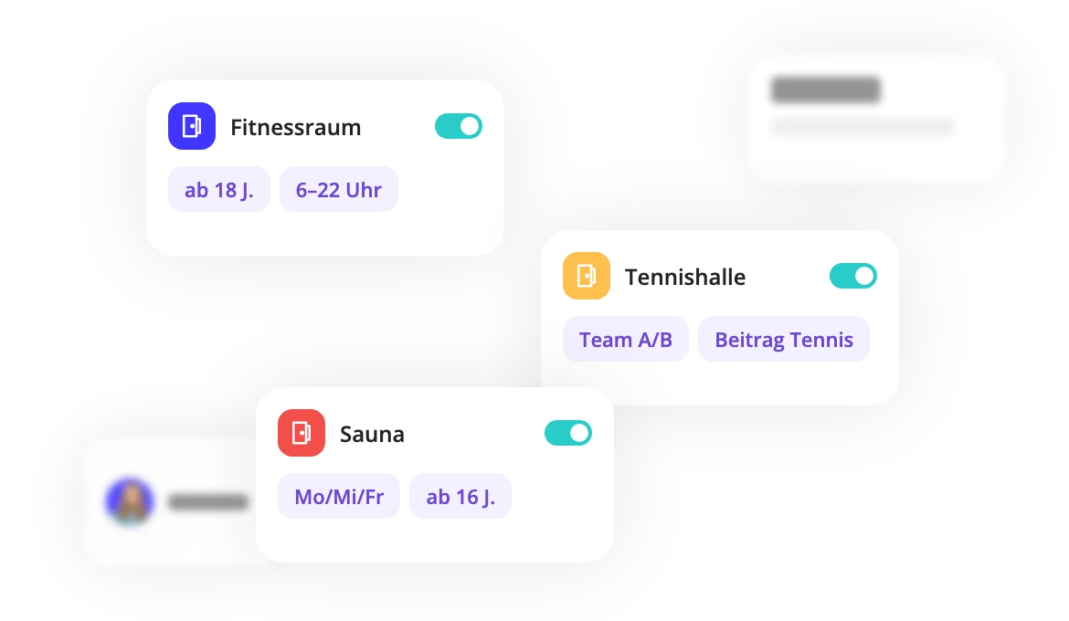 Eigene Zutrittsregeln je Raum: Fitnessraum, Tennishalle und Sauna mit Altersgrenze, Zeitfenster und Teamzuordnung
