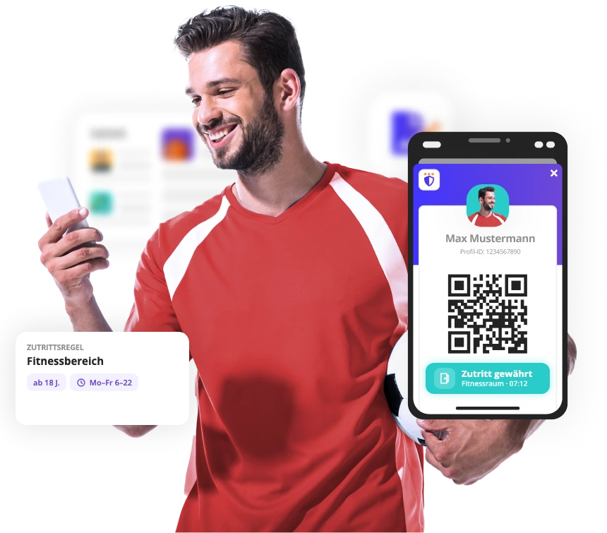 Vereinsmitglied im Trikot mit Smartphone, in der KURABU Vereinsapp der digitale Mitgliedsausweis mit QR-Code und dem Status Zutritt gewährt für den Fitnessraum, daneben eine Zutrittsregel