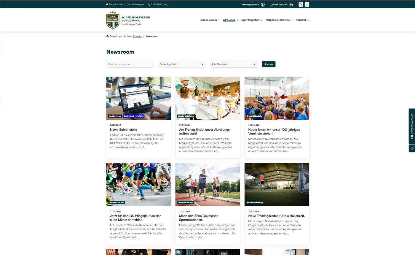 Newsroom auf einer Vereinswebseite mit NETZCOCKTAIL