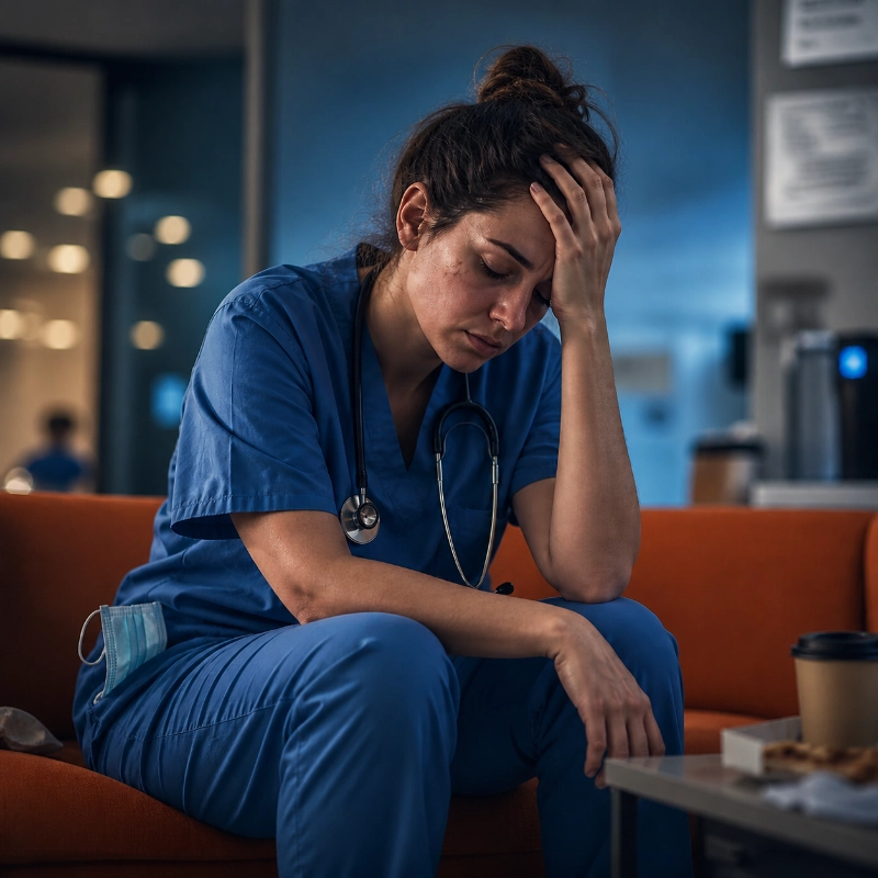 Stressed female healthcare worker in blue scrubs sitting with head in hand on an orange sofa indoors.