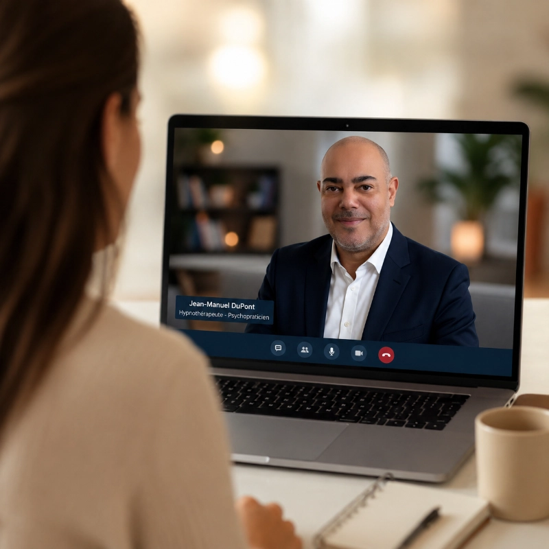 Woman having a video call with a man named Jean-Manuel DuPont on a laptop screen.