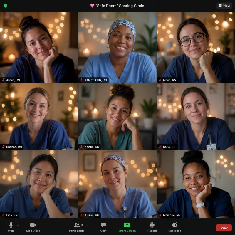 Nine nurses in blue scrubs smiling during a virtual 'Safe Room' sharing circle video call.