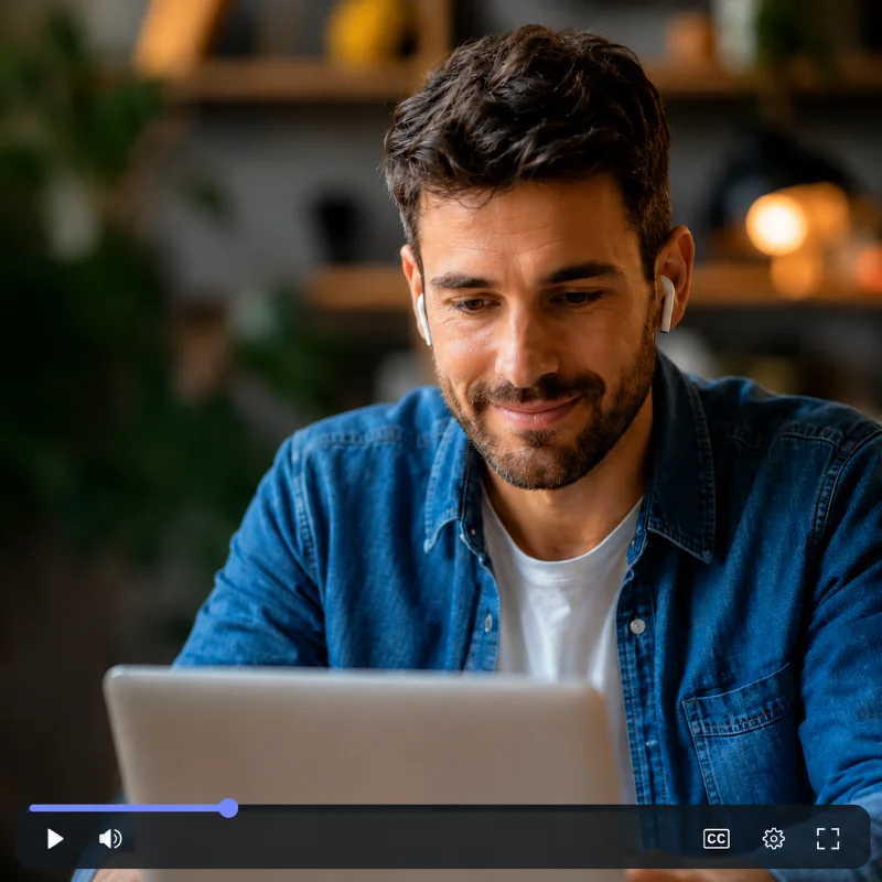 Man wearing wireless earbuds smiling while looking at a laptop screen indoors.