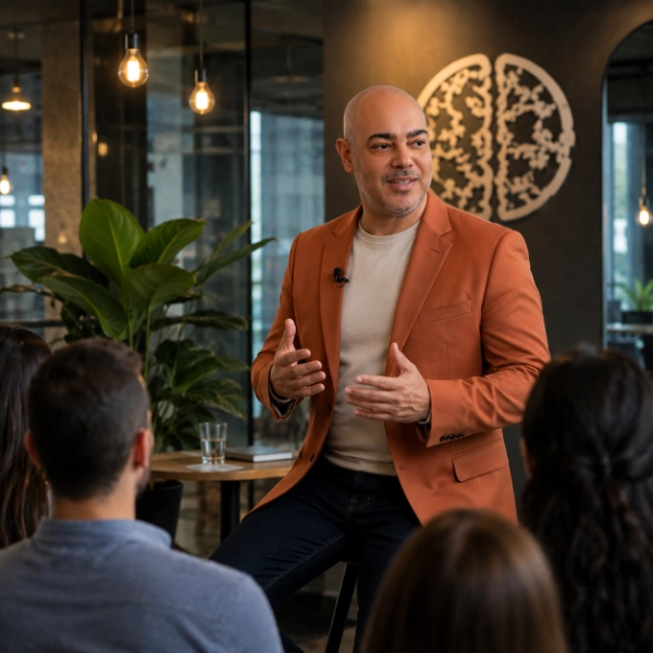 Man in orange blazer speaking to an audience in a modern room with plants and hanging lights.