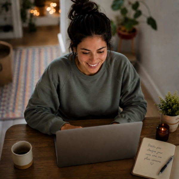 Smiling woman with dark hair works on a laptop at a wooden table with coffee and a notebook.