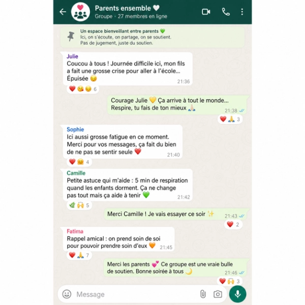 WhatsApp chat in French among parents sharing support, tips, and encouragement in a group called Parents ensemble.