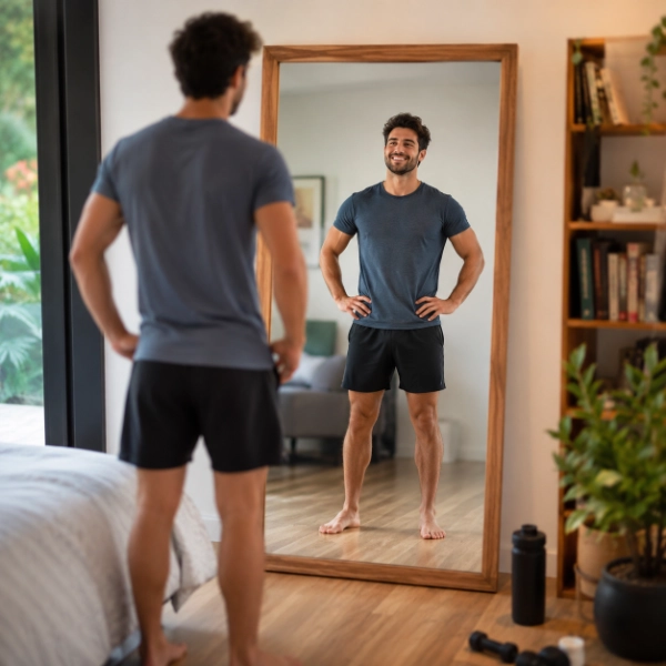 Man in navy shirt and black shorts stands barefoot with hands on hips, smiling at himself in a full-length mirror.