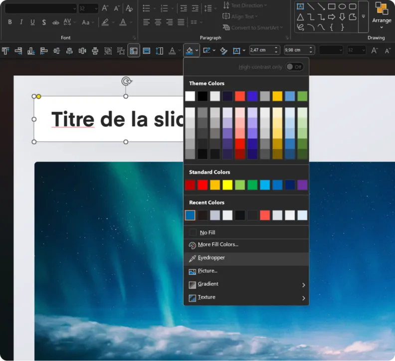 Capture d'écran de l'outil pipette sur PowerPoint