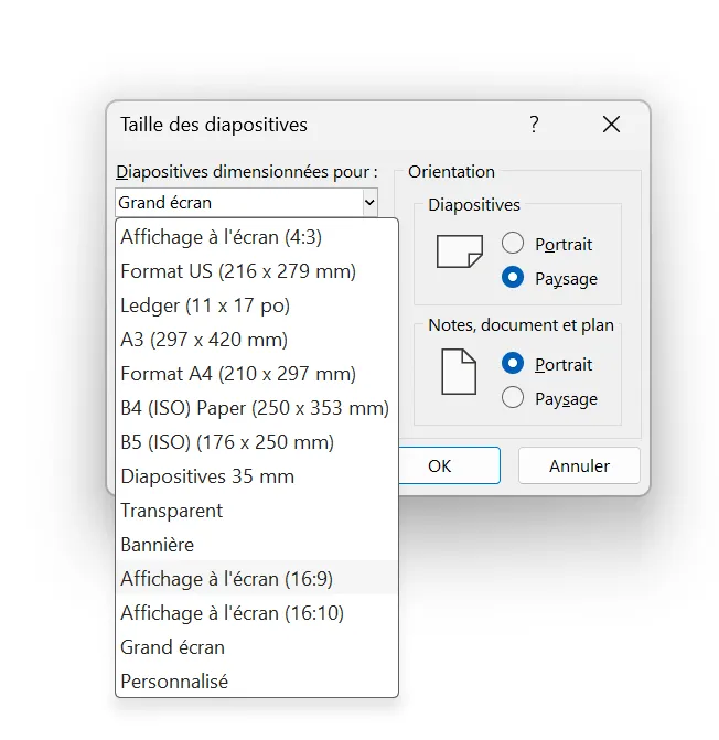 Liste des dimensions des diapositives dans PowerPoint