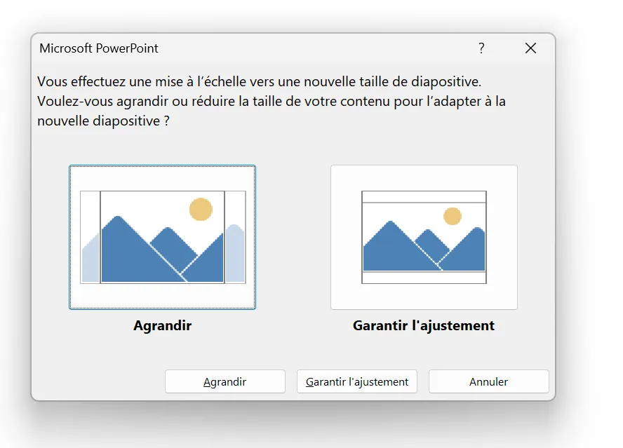 Agrandir ou ajuster la taille du contenu pour l'adapter à la nouvelle taille de la diapositive