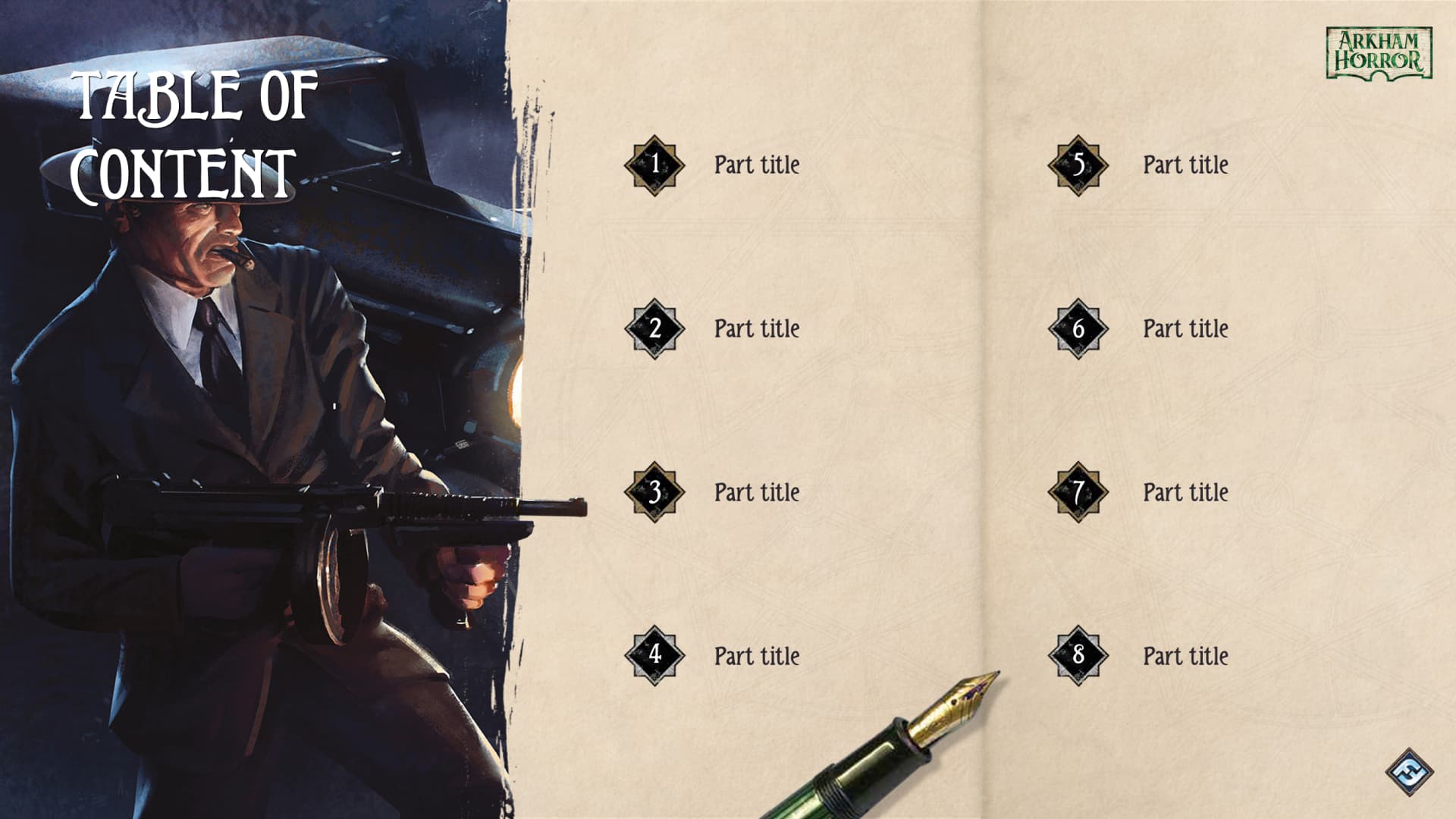 Template PowerPoint réalisé pour Asmodee Arkham Horror par Slidor