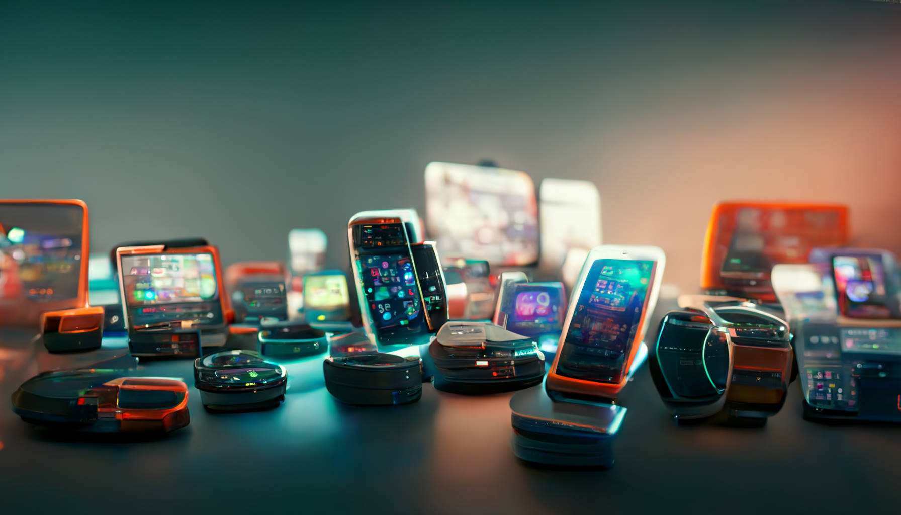 Illustration futuriste d'appareils électroniques évoquant les différentes versions de PowerPoint