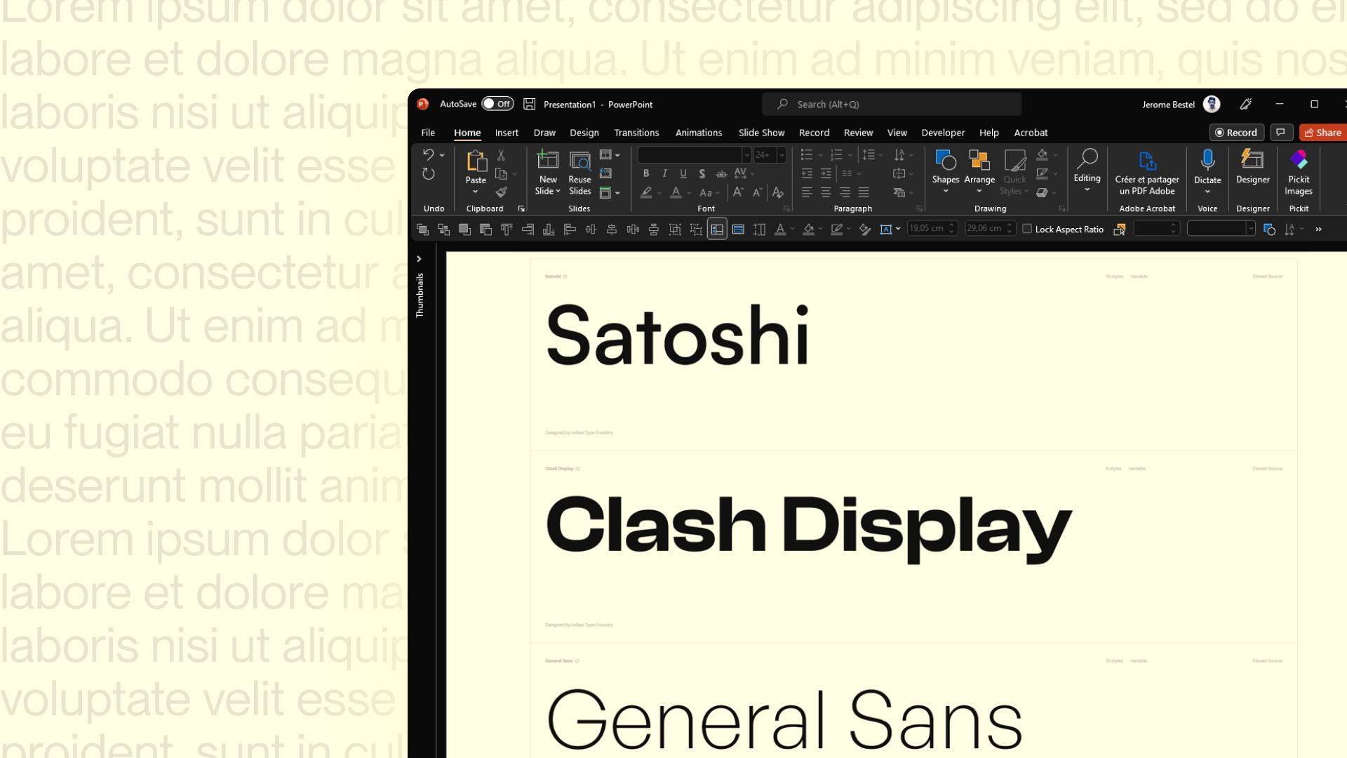 Panneau des polices dans PowerPoint avec Satoshi, Clash Display et General Sans