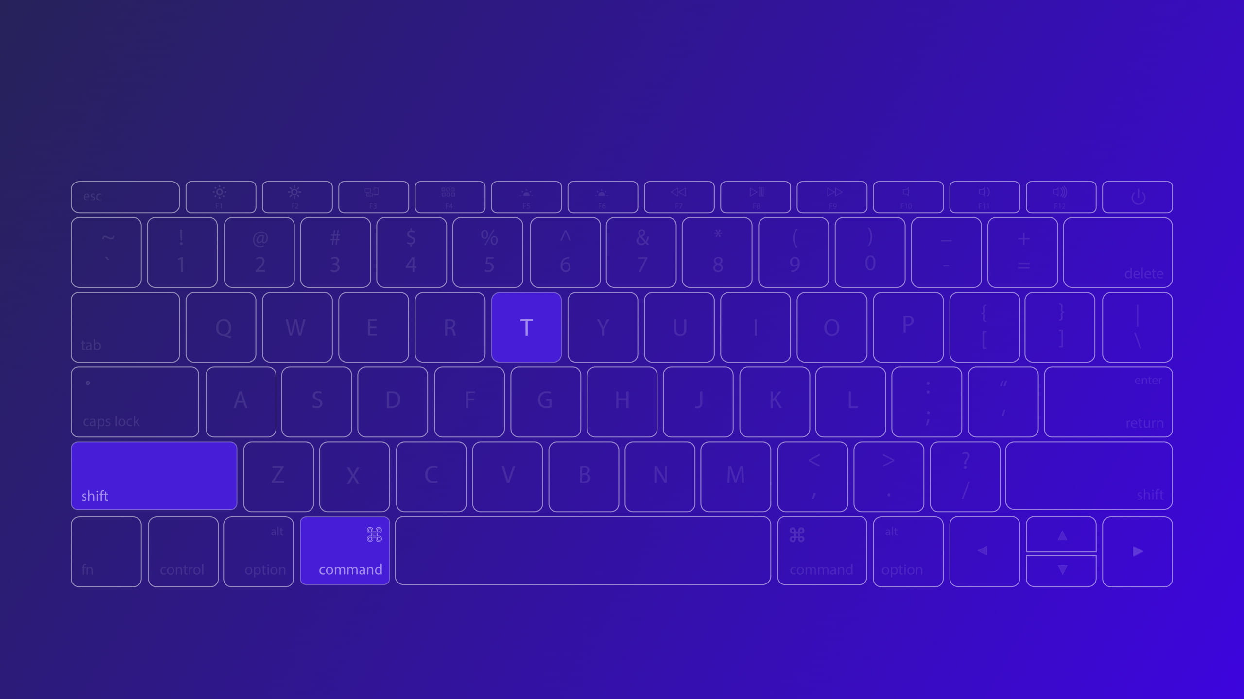 Clavier Mac avec la touche T et les touches Maj et Commande mises en évidence pour un raccourci