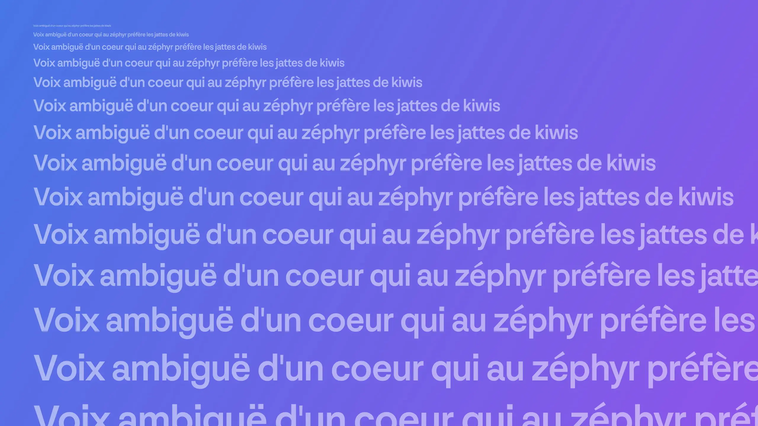 Phrase pangramme répétée en tailles de police croissantes sur fond dégradé bleu-violet