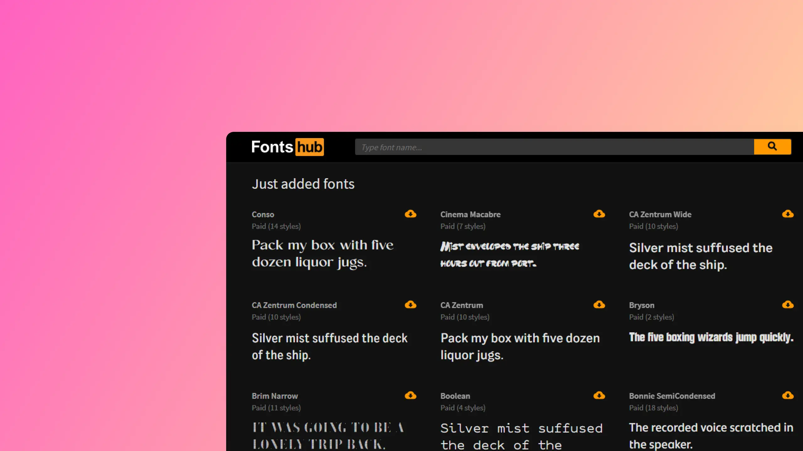 Capture d'écran du site FontsHub listant des polices récemment ajoutées avec aperçu