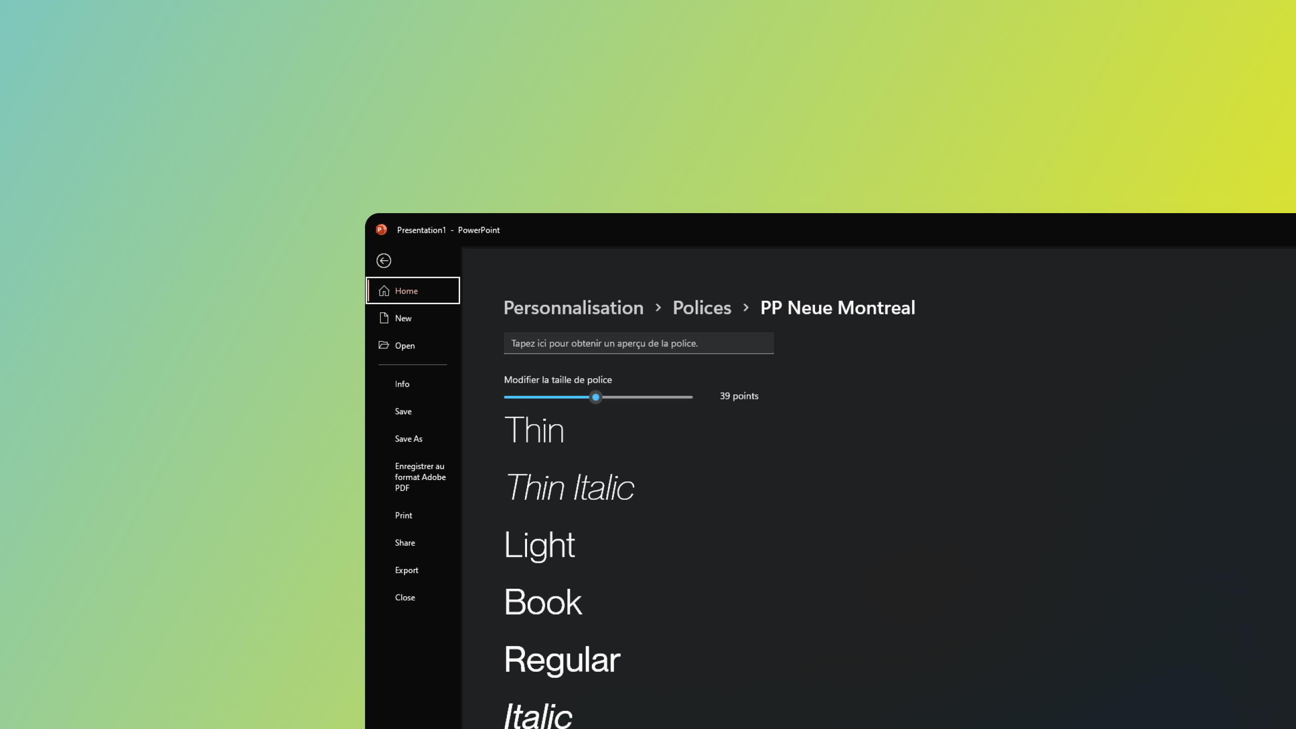 PowerPoint Personalization > Fonts menu displaying the PP Neue Montreal font