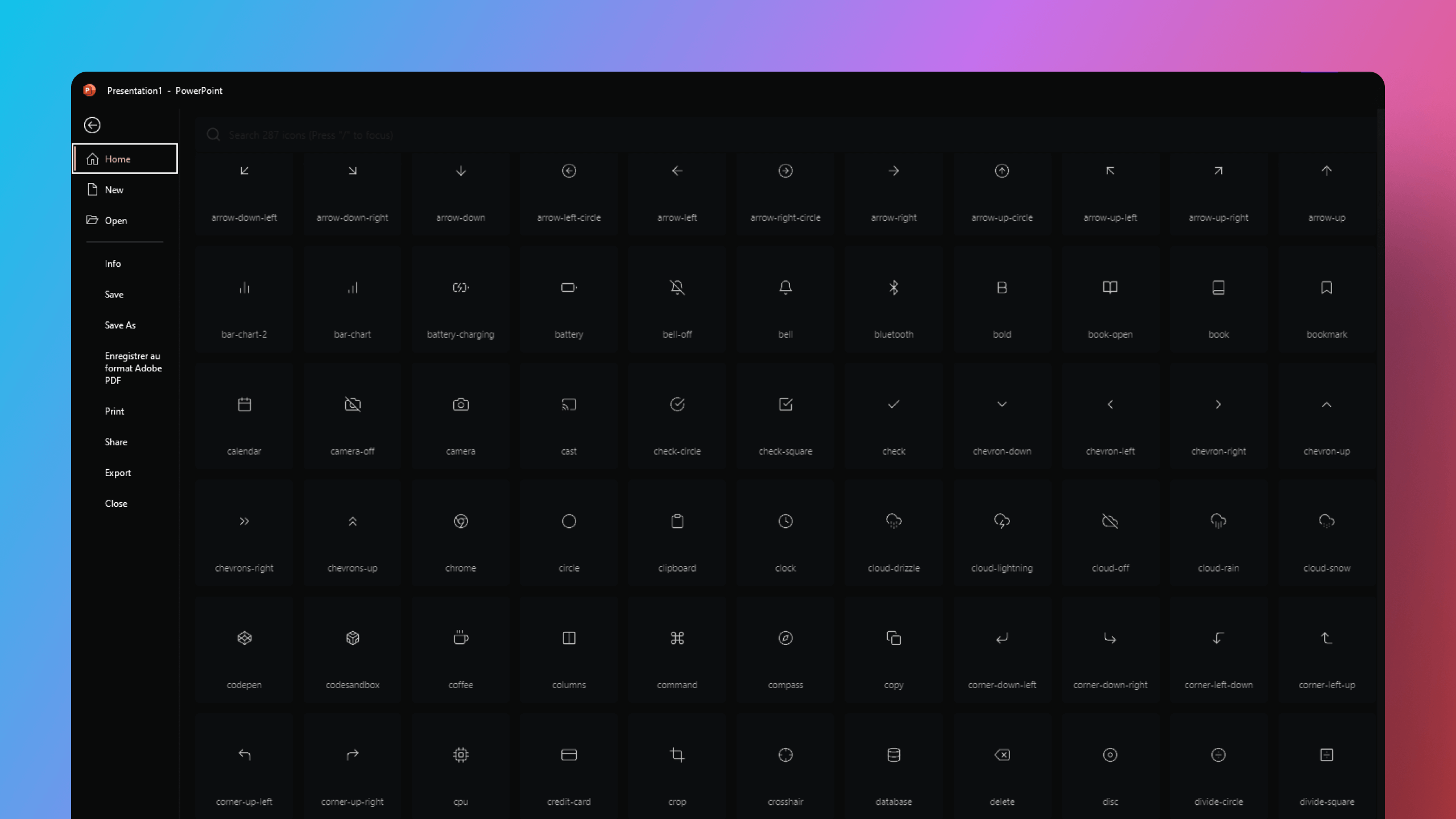 Bibliothèque de pictogrammes intégrée à PowerPoint, avec icônes flèches, batterie, cloche...