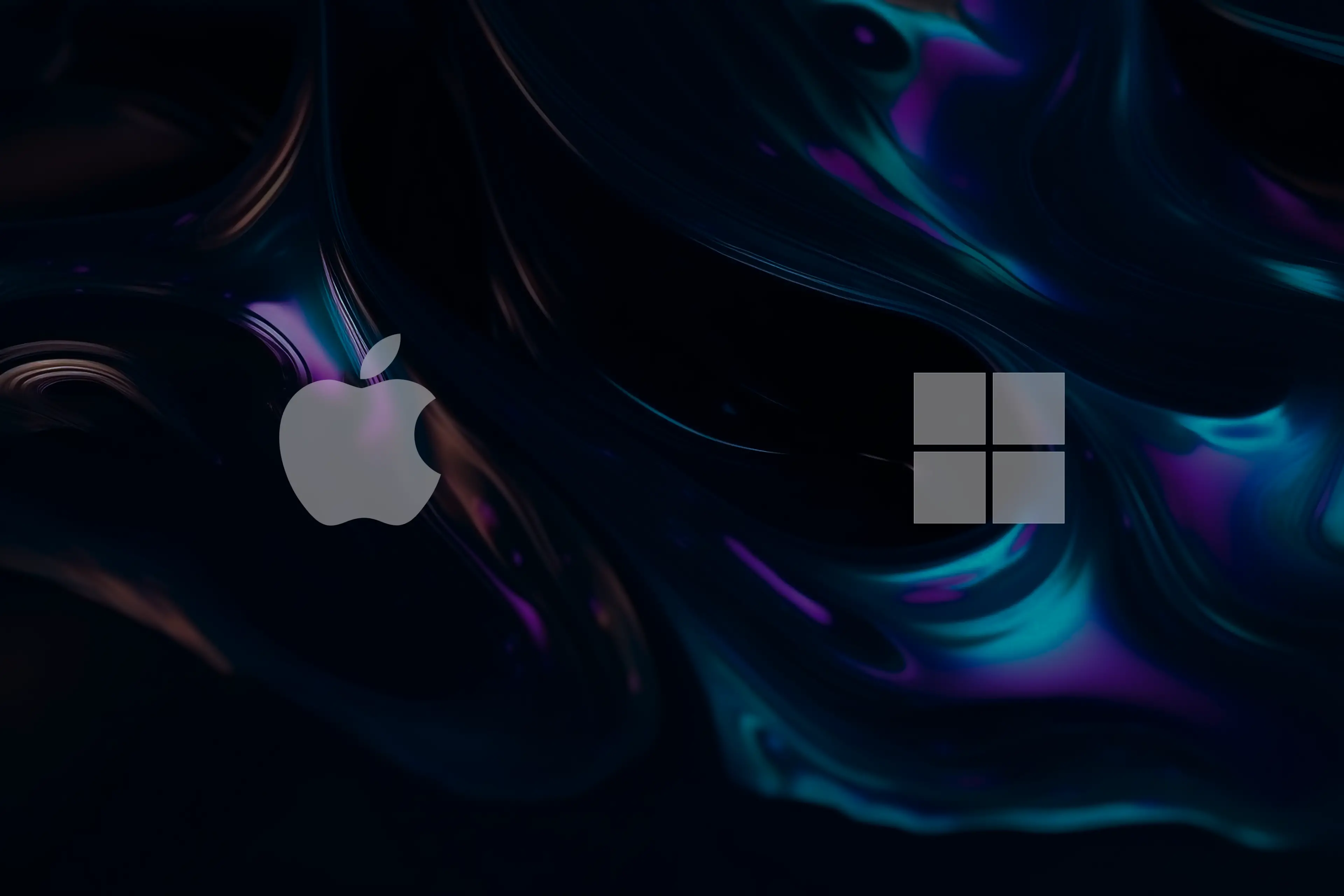 Logos Apple et Windows côte à côte sur fond sombre, illustrant le choix entre Mac et PC pour PowerPoint