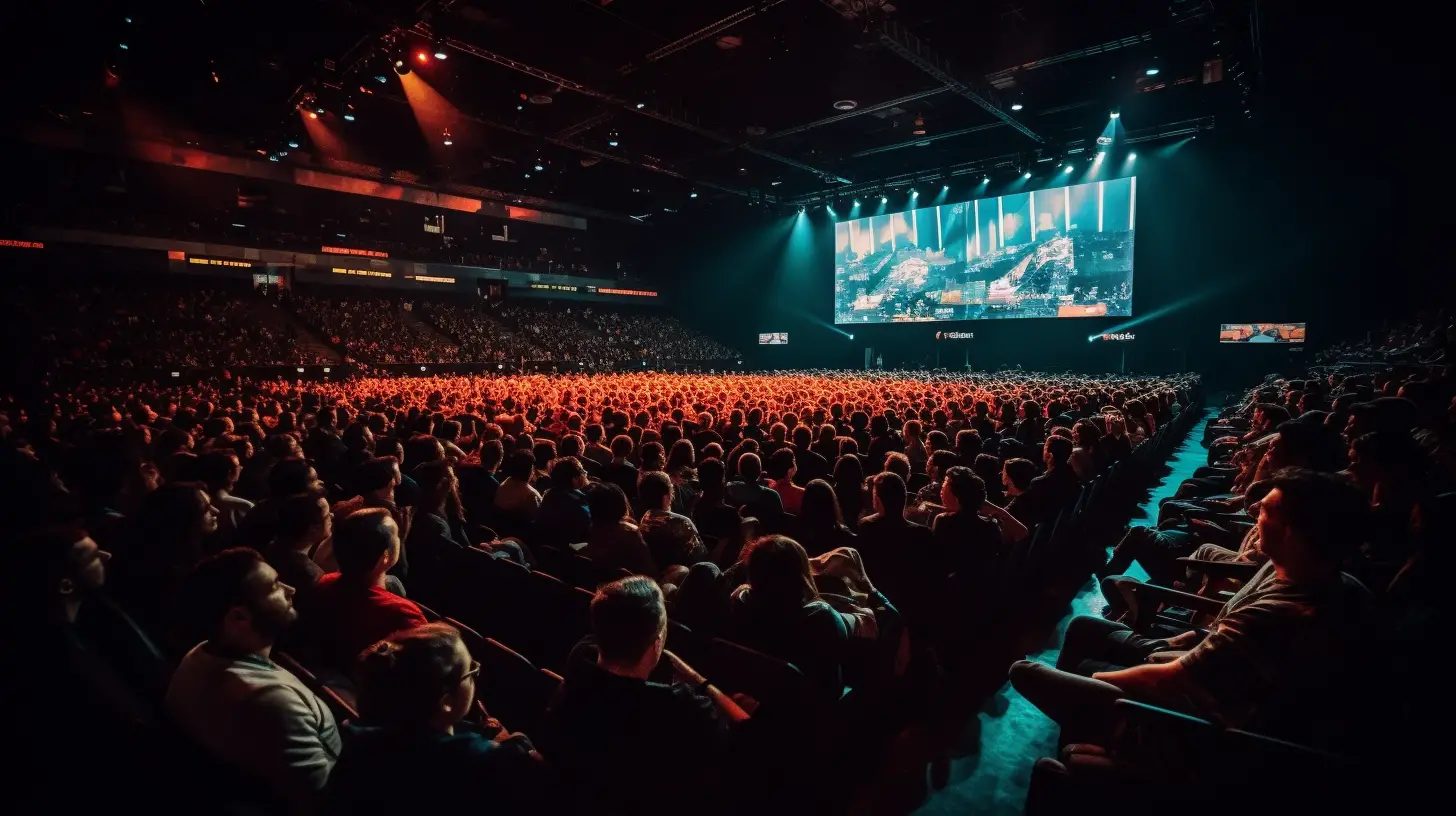 Public nombreux captivé par un grand écran dans une salle obscure, illustrant une présentation PowerPoint captivante