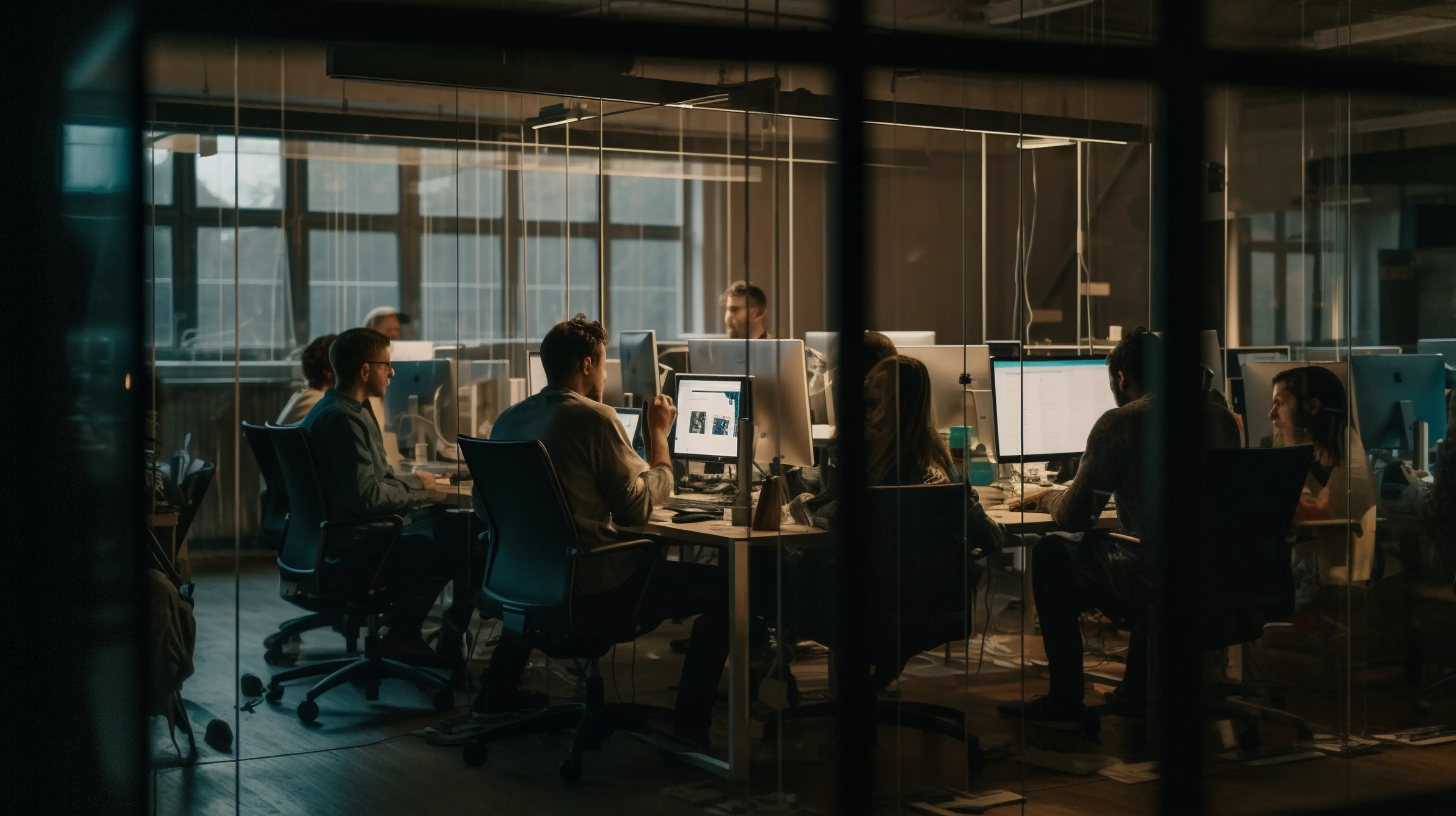 Équipe travaillant sur ordinateurs dans un open space vitré, illustrant le travail collaboratif sur une présentation