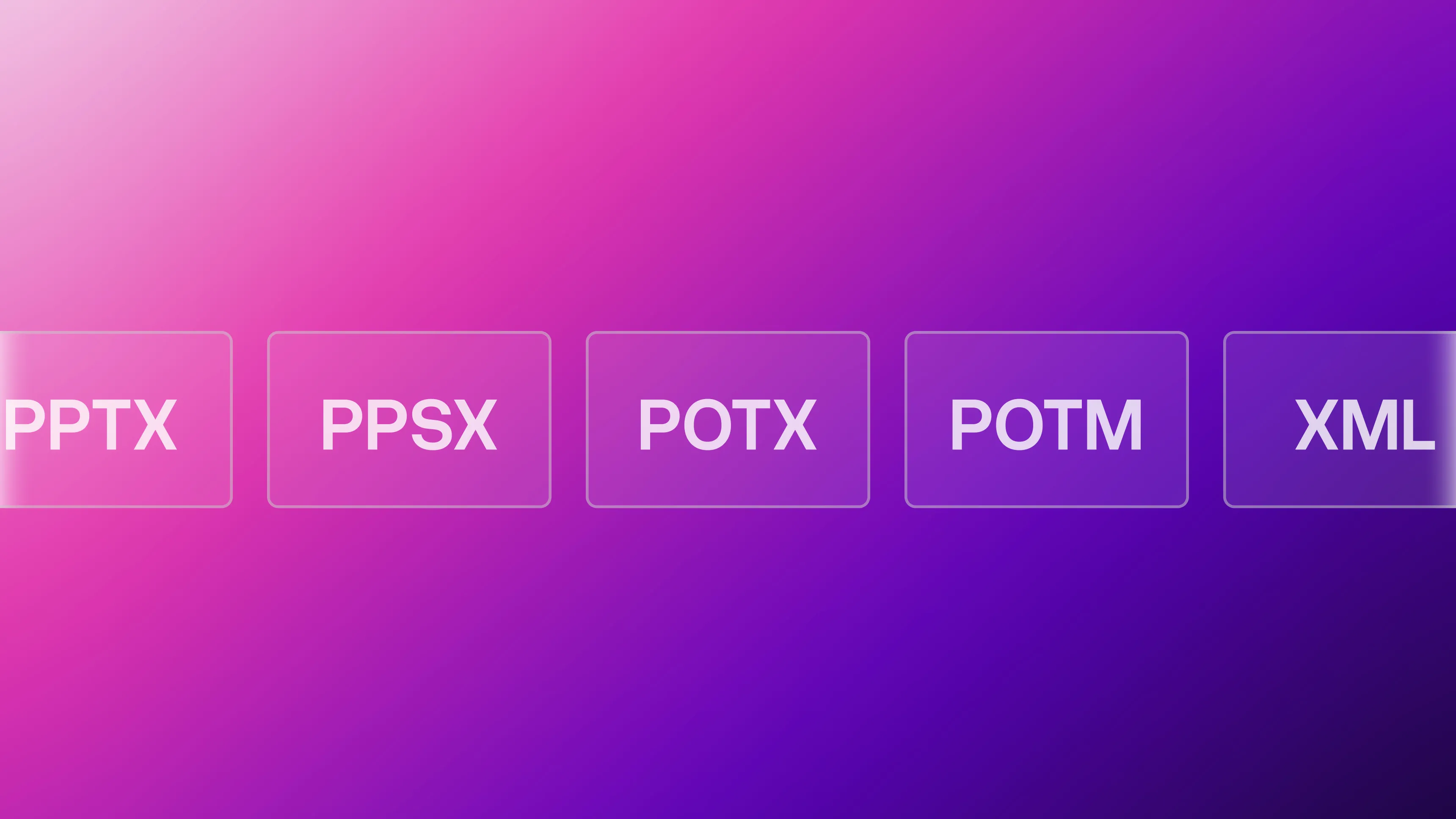 Icons of PowerPoint file formats PPTX, PPSX, POTX, POTM and XML on a pink-purple gradient background