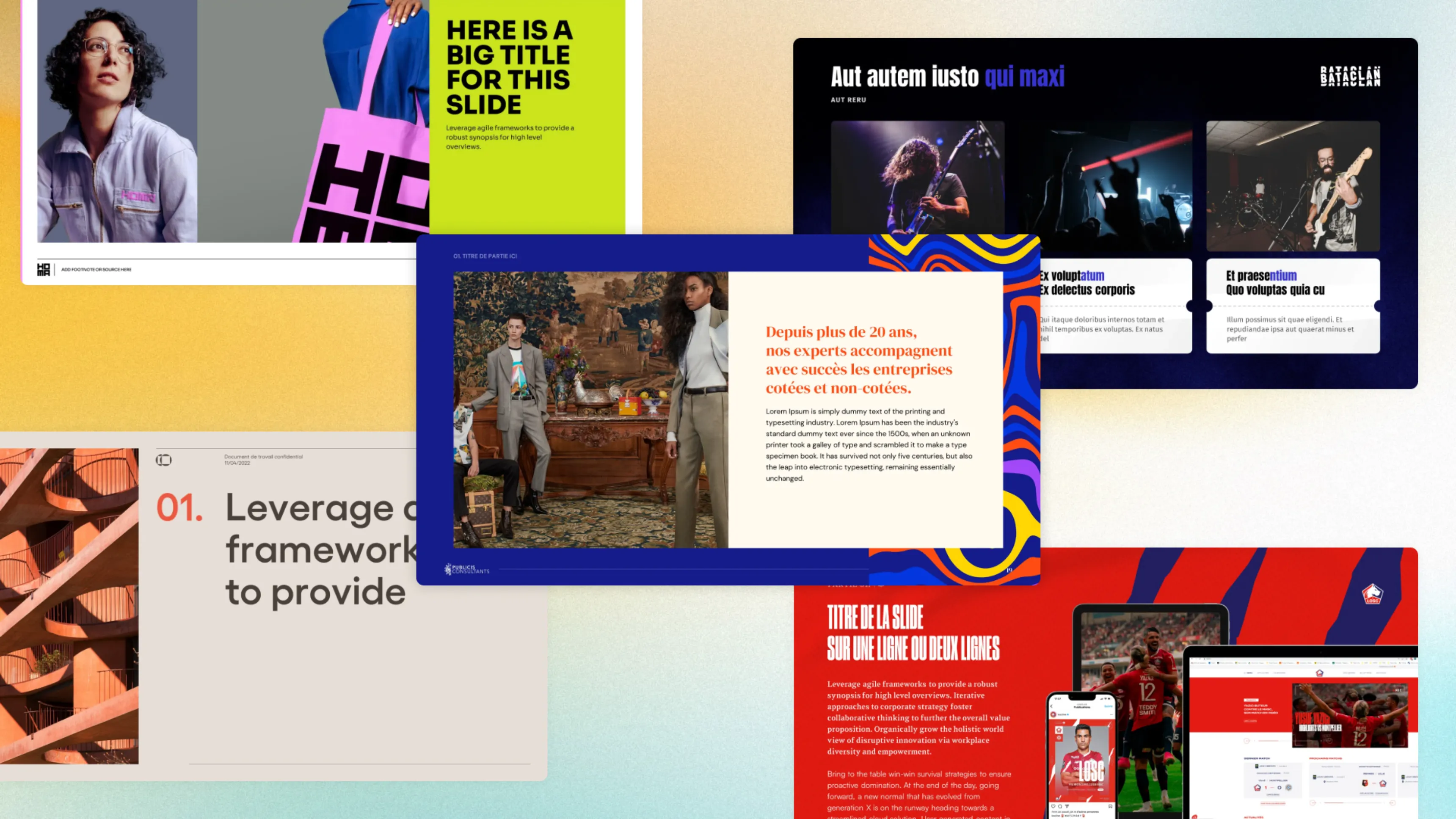Montage de plusieurs exemples de diapositives et modèles PowerPoint aux styles variés