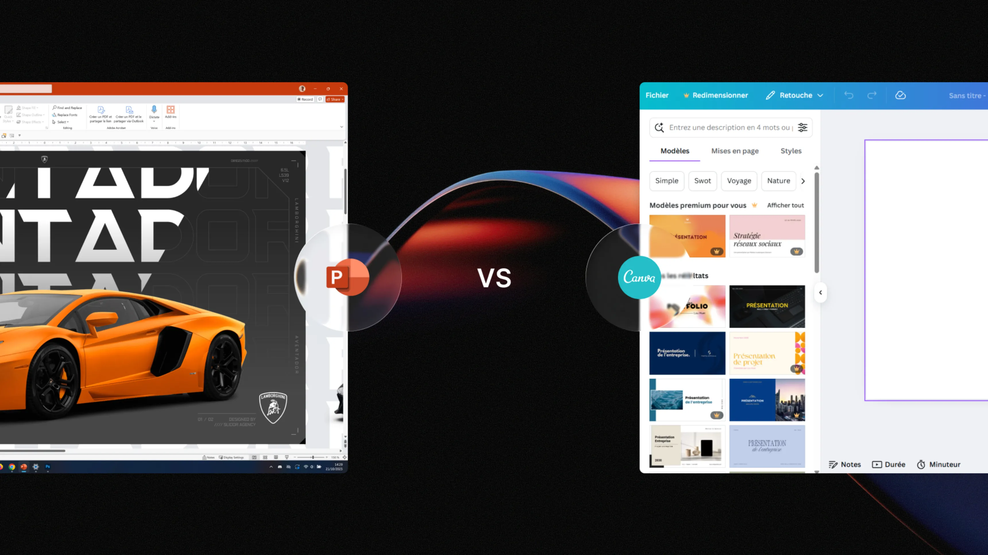 Comparaison côte à côte des interfaces PowerPoint et Canva avec une diapositive de voiture de sport