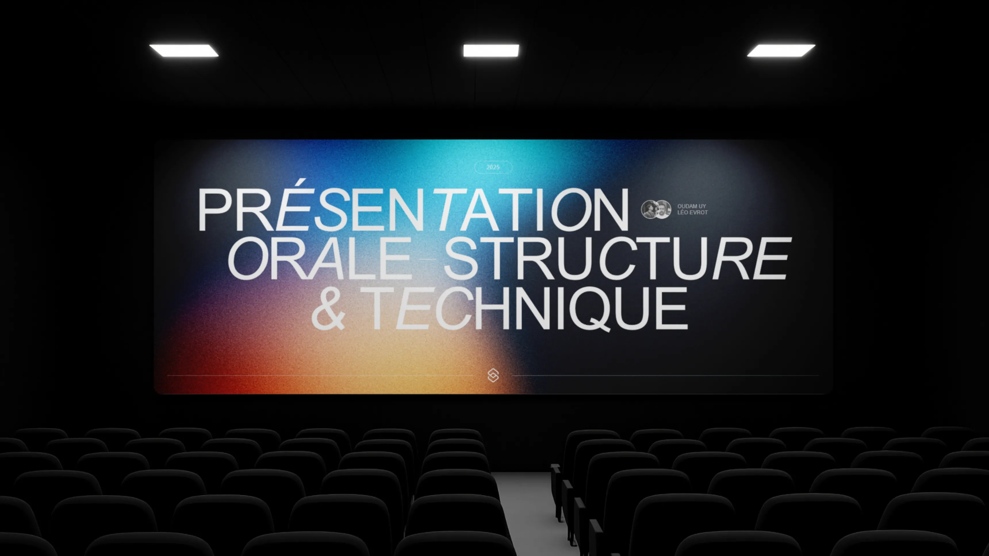 Cinema screen displaying the title "Oral presentation structure & technique"