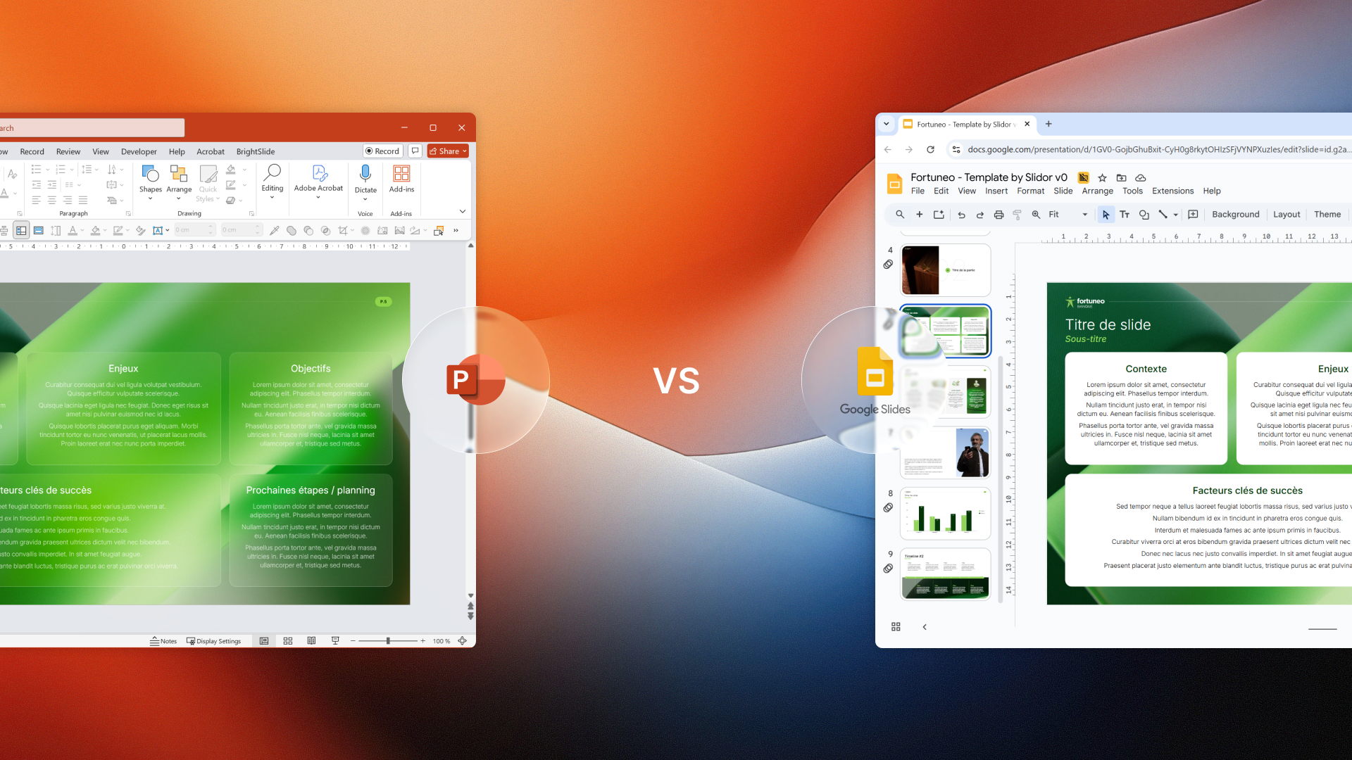 Comparaison des interfaces PowerPoint et Google Slides côte à côte