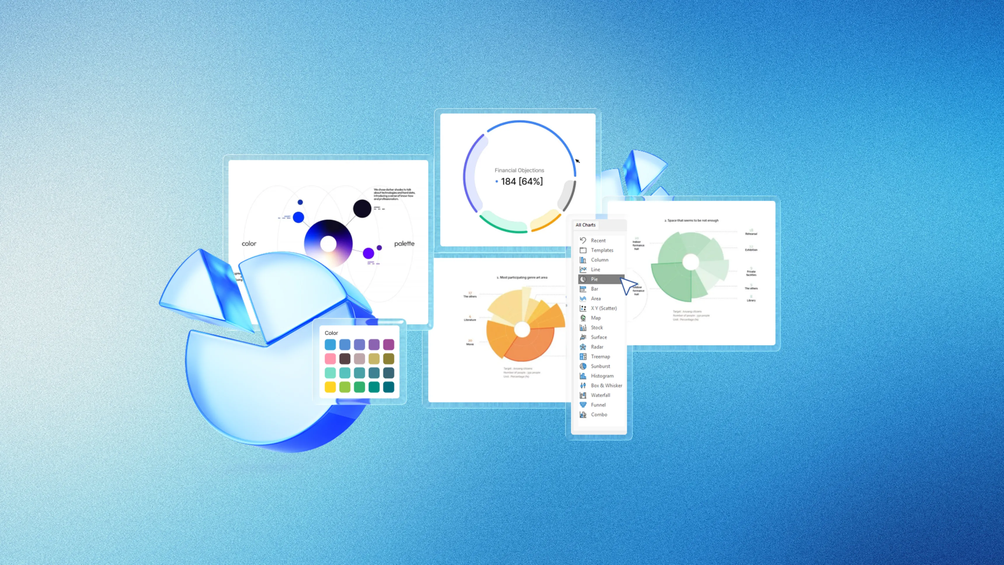 Exemples de graphiques camembert et palettes de couleurs dans PowerPoint